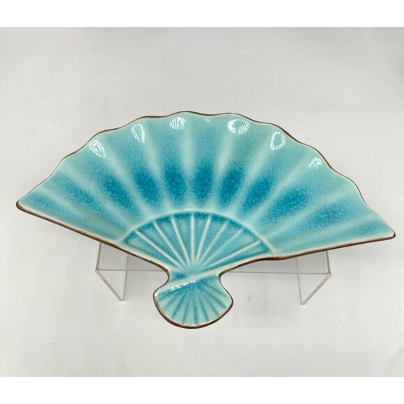 Pier 1 Ceramic Fan-Shaped Trinket Dish In Crackled Turquoise Glaze 8" - Picture 2 of 8